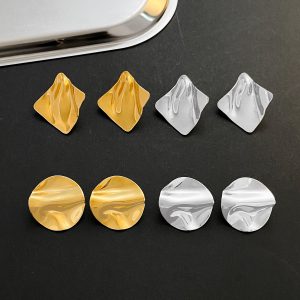 Cross-border new titanium steel pleated geometric earrings ins style European and American retro glossy irregular earrings pre-loved earrings