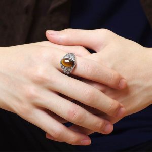 The new S925 silver tiger's eye stone live mouth men's ring retro style natural gift opening ring golden feeling
