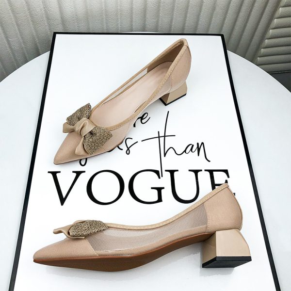 33601-111 Mesh High Heels Women's Summer 2024 New Black Professional Bow Hollow Thick Suit - Image 3