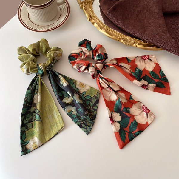 Korean Rose Scrunchie Green Oil Painting Headband 2024 New Large Intestine Streamer Ponytail Women's Hair Tie Retro Headband