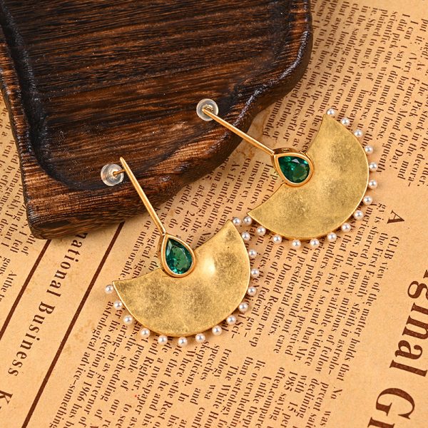 Vintage vintage silver needle earrings French light luxury court gold fan leaf pearl stud earrings - Image 3