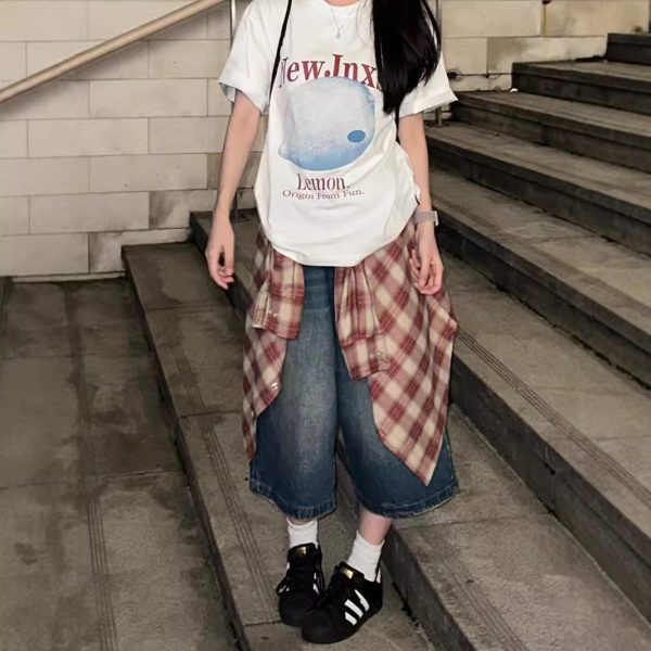 American high street vintage washed wide-leg denim shorts, women's versatile mids, loose straight cropped pants - Image 3