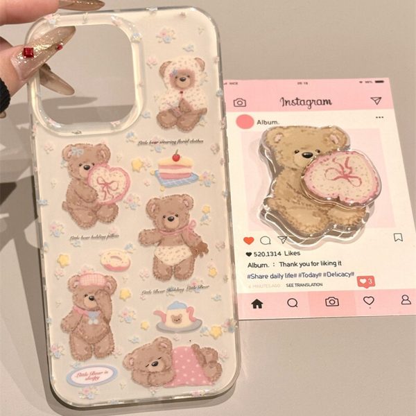 IMD double-layer large hole cute bear plus rotating stand for iPhone16promax phone case apple 15p