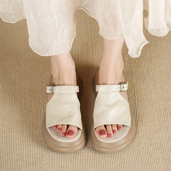 5CM top layer cowhide stepping on feeling genuine leather open toe one-line platform slippers women's outer wear French belt buckle sandals - Image 3