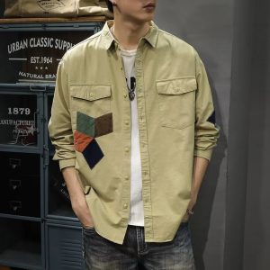 Autumn and winter heavy American patch patchwork shirt men's long sleeve trendy brand ins ruffian handsome men's shirt