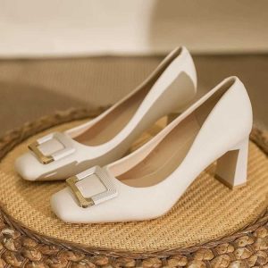 White thick heel square toe high heels women's middle heel hotel business pumps French evening style shoes