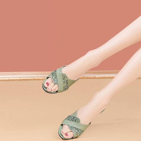 Soft leather summer new fishmouth high-heeled sandals foreign trade women wear fashionable breathable thick heel slippers - Image 3