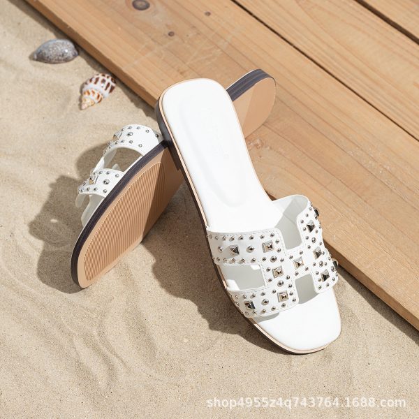 Cowhide 2025 new H slippers for women to wear flip-flops in summer, fashionable and versatile flat beach sandals - Image 2