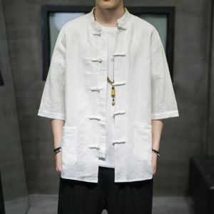 2023 summer new Chinese style cotton and linen men's casual three-quarter sleeve shirt retro fashion linen buckle Tang suit