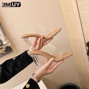 2023 summer new transparent high-heeled sandals women's mid-heel thick-heeled crystal fairy wind sandals and slippers women's outerwear