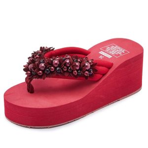 Cross-border summer beach vacations, handmade slippers, beaded high-heeled flip-flops, women's plus-size flip-flops