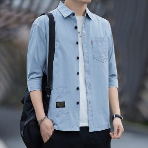 Summer 2025 Trendy Versatile Cropped Sleeve Shirt Men's Cargo Shirt Loose Fit Short Sleeve Jacket