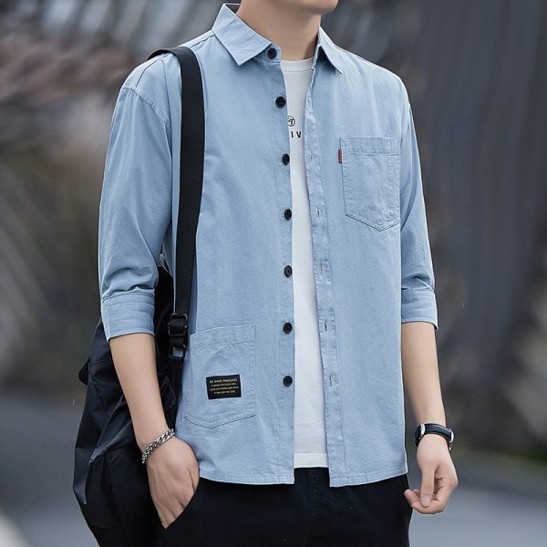Summer 2025 Trendy Versatile Cropped Sleeve Shirt Men's Cargo Shirt Loose Fit Short Sleeve Jacket - Image 2