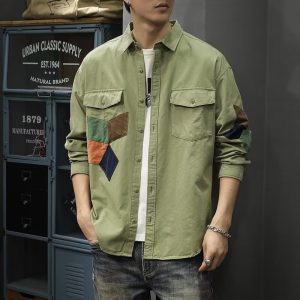 Autumn and winter heavy American patch patchwork shirt men's long sleeve trendy brand ins ruffian handsome men's shirt