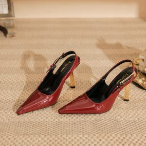 Spring 2024 new black small gold bar stiletto heels pointed toe patent leather temperament with a toe sandal women