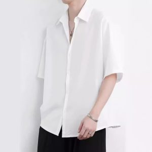 Summer trend brand thin loose casual ice silk shirt men's shirt short sleeve black Hong Kong style drape no-iron shirt