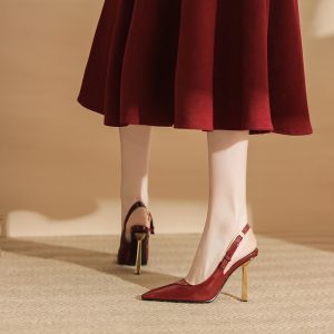 Spring 2024 new black small gold bar stiletto heels pointed toe patent leather temperament with a toe sandal women