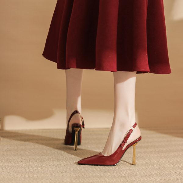 Spring 2024 new black small gold bar stiletto heels pointed toe patent leather temperament with a toe sandal women - Image 4