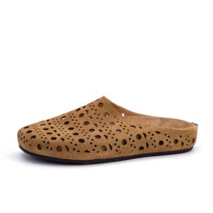 Toe toe genuine leather slippers, women's hollow breathable, wearing lazy sandals, retro and versatile casual cowhide sheepskin shoes
