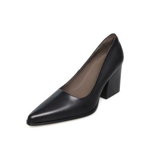 Quality calfskin thick heel pumps 2025 new four seasons commuter business black leather pointed toe women's shoes