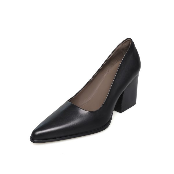 Quality calfskin thick heel pumps 2025 new four seasons commuter business black leather pointed toe women's shoes - Image 5