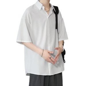 Ice silk short-sleeved shirt men's summer thin black Korean version of the trend loose casual five-quarter sleeve handsome and saving white lining