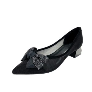 33601-111 Mesh High Heels Women's Summer 2024 New Black Professional Bow Hollow Thick Suit
