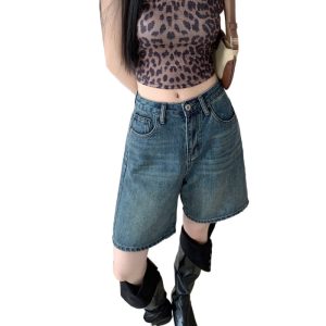 Summer thin denim light blue five-point shorts, women's pear-shaped body, loose large size, fat mm, thin wide-legged midpants