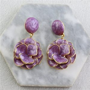 French niche purple magnolia flower painted three-dimensional rose earrings, high-end retro trendy cool earrings