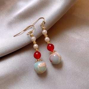 National style handmade Shoushan stone red agate earrings, retro new Chinese literary and elegant imitation pearl earhooks, temperament earrings