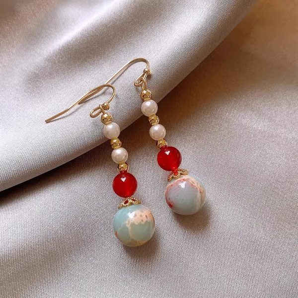 National style handmade Shoushan stone red agate earrings, retro new Chinese literary and elegant imitation pearl earhooks, temperament earrings