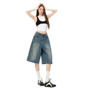 2025 American retro five-point jeans women's summer new loose high-waisted relaxed wide-leg five-point pants