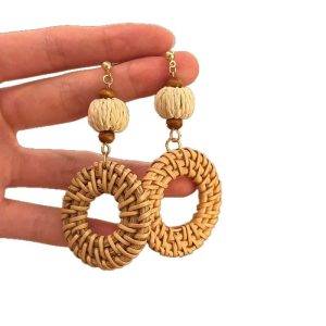 The Covenant of the Island Sea ~ Retro Exaggerated Geometric Grass and Vine Woven Earrings Resort Style 2025 New Explosive Bamboo and Rattan Earrings