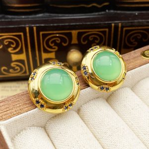 French court style round inlaid jade natural stone retro high-end earrings design gold earrings women