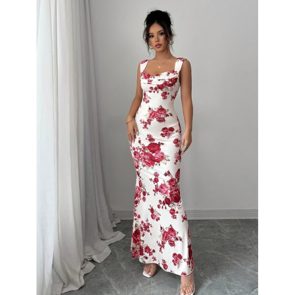 Spot foreign trade, Amazon independent station, cross-border women's drape-neck rose print, elegant and leisurely long fishtail dress - Image 4