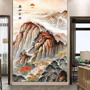 Mount Tai sunrise picture, mountain painting, backing mountain, prosperous house, fortune and good luck, when the head of the entrance decoration painting, there is no mountain and no water, hanging paintings, self-sticking