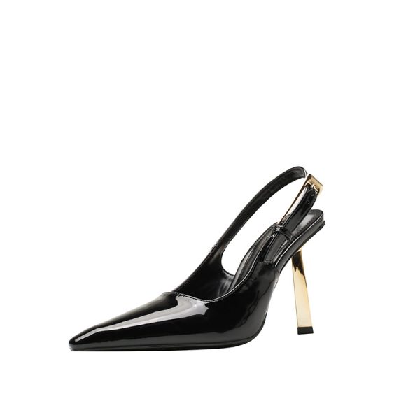 Spring 2024 new black small gold bar stiletto heels pointed toe patent leather temperament with a toe sandal women - Image 5