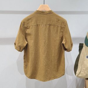 Solid color linen stand up collar short sleeve shirt men's workwear summer new simple cotton linen fashion youth casual shirt