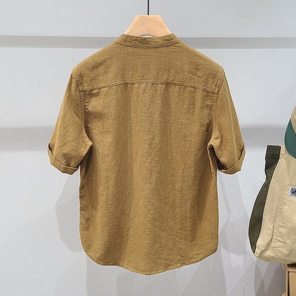 Solid color linen stand up collar short sleeve shirt men's workwear summer new simple cotton linen fashion youth casual shirt - Image 4