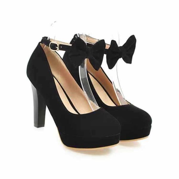 2021 Solid Color Office Low Top Round Toe Women's Thick Heel High Heel Bow Buckle Red Shoes - Image 4