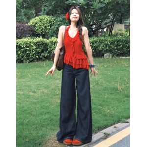 Plus size american dark blue wide-leg jeans women's autumn and winter new high-waisted fat mm loose drape straight-leg mopping pants