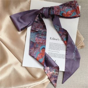 French silk scarf bow tie hair retro national style oil painting silk scarf headband female tie turban long strip streamer Korean version
