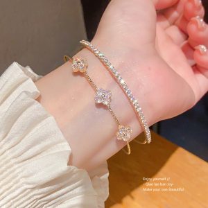 Zircon flower cross double opening bracelet light luxury luxury sense bracelet fashion ins versatile hand jewelry wholesale