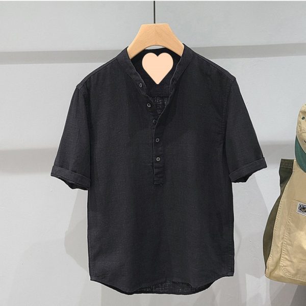 Solid color linen stand up collar short sleeve shirt men's workwear summer new simple cotton linen fashion youth casual shirt - Image 3