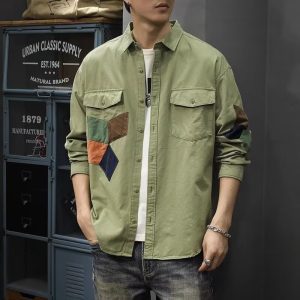 Autumn and winter heavy American patch patchwork shirt men's long sleeve trendy brand ins ruffian handsome men's shirt