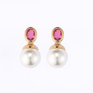French vintage elegant ruby pearl stud earrings silver needle niche New Year's earrings high-end light luxury fashion earrings