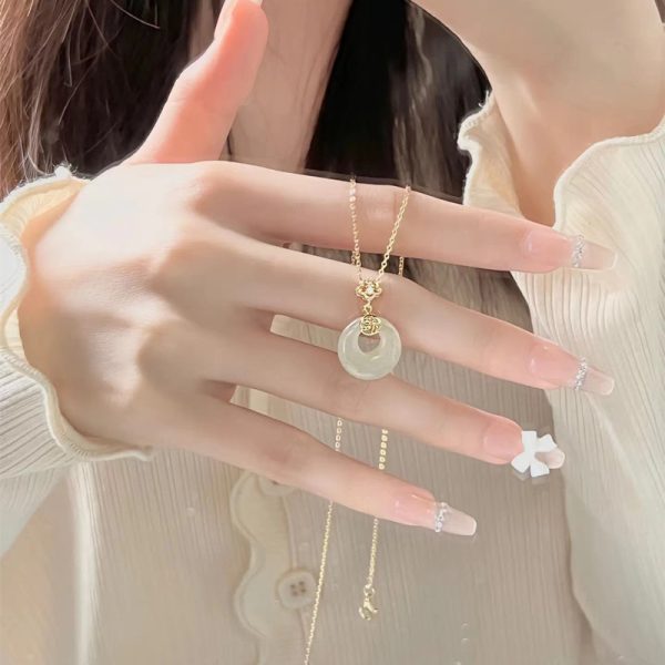 S999 sterling silver natural white chalcedony safety buckle necklace women's new Chinese style national ancient style niche high-end sense - Image 4