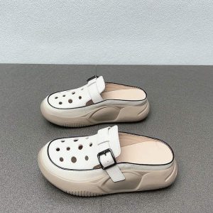 Hollow breathable hole slippers for women wear fashionable summer new versatile cowhide toe buckle half slippers