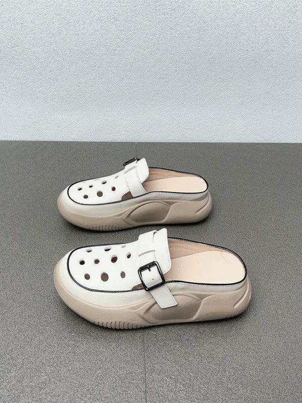 Hollow breathable hole slippers for women wear fashionable summer new versatile cowhide toe buckle half slippers - Image 4