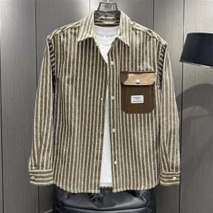 Autumn New Men's Striped Color Blocking Trend Versatile Casual Outerwear Fashion Long Sleeve Shirt Versatile Lapel Shirt